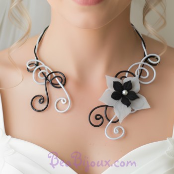 Collier mariage noir et blanc + fleur COA320