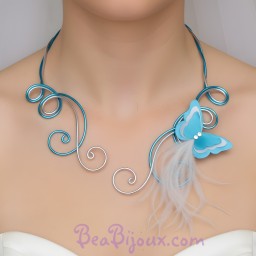 Collier mariage papillon blanc et bleu turquoise COA361