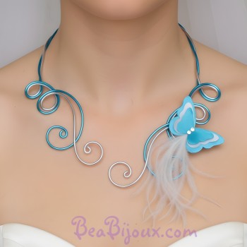 Collier mariage papillon blanc et bleu turquoise COA361