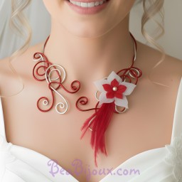 Collier mariage rouge champagne + fleur + plumes COA319
