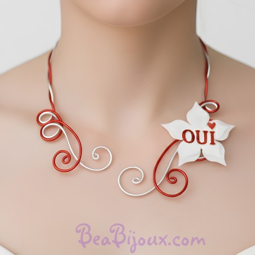 Collier mariage OUI blanc rouge argent
