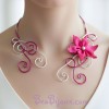 Collier mariage argent et fuchsia + fleur COA234