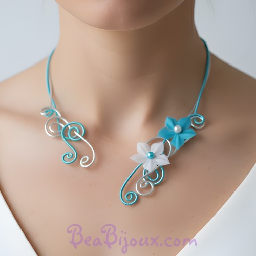 Collier mariage argent turquoise fleurs
