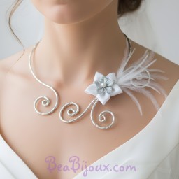 Collier mariage blanc argent fleur plumes COA340