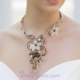 Collier mariage champagne chocolat fleurs COA301