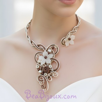 Collier mariage champagne chocolat fleurs COA301