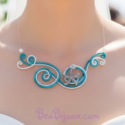 Collier mariage étoile de mer blanc et bleu turquoise COA333