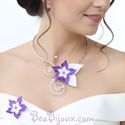 Collier mariage fleur blanc violet COA360