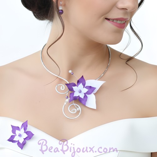 Collier mariage fleur blanc violet