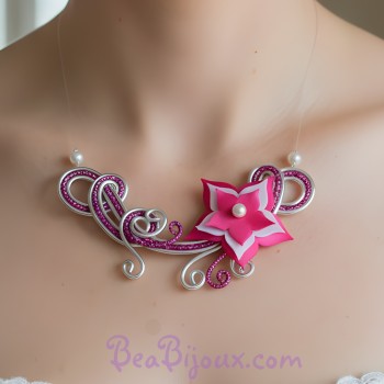 Collier mariage fleur fuchsia blanc argent  COA351