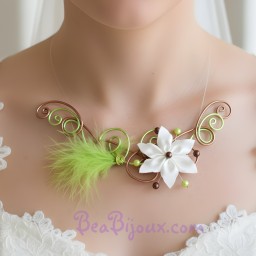 Collier mariage fleur plume vert anis chocolat ivoire COA346