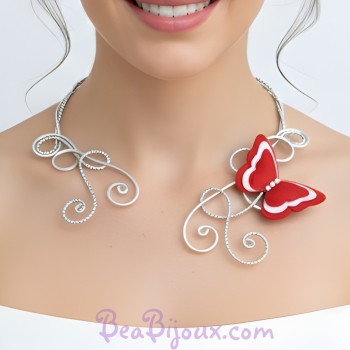 Collier mariage papillon rouge et blanc COA356