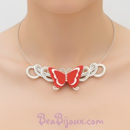 Collier mariage papillon rouge et blanc COA357