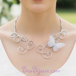 Collier mariage papillon pailleté argent blanc COA355