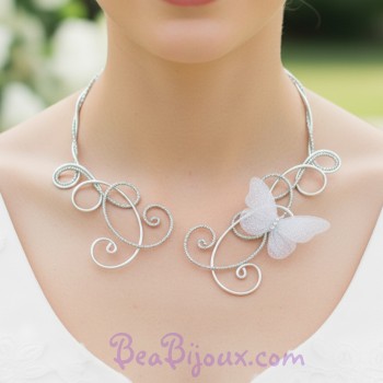 Collier mariage papillon pailleté argent blanc COA355
