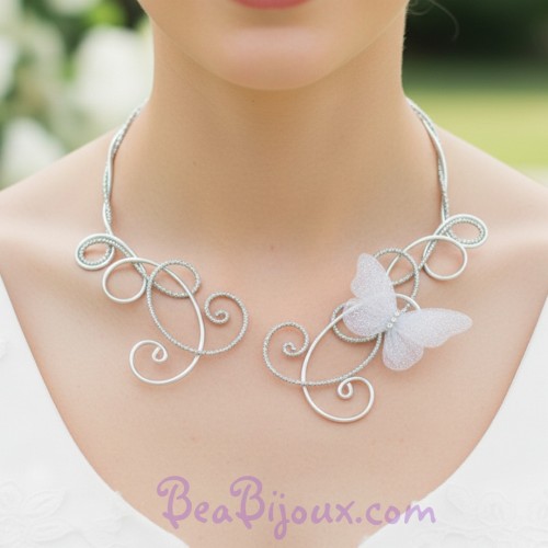 Collier mariage papillon pailleté argent blanc