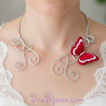 Collier mariage papillon rouge et blanc COA356