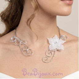 Collier mariage blanc et argent + fleur COA353