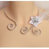 Collier mariage blanc argent fleur plumes COA340