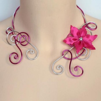 Collier mariage argent et fuchsia + fleur COA234