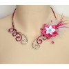 Collier mariage argent fuchsia fleur plumes COA342