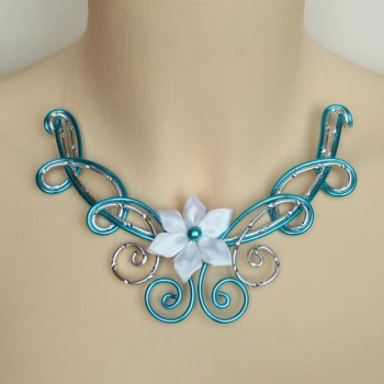 Collier mariage turquoise argent fleur blanche COA338