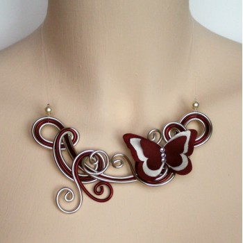 Collier mariage bordeaux champagne ivoire papillon COA352