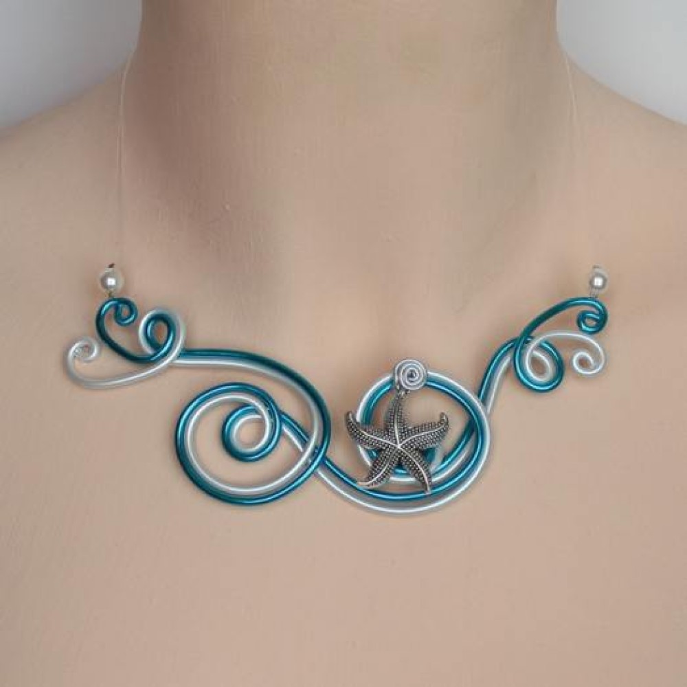 Collier mariage étoile de mer blanc bleu turquoise