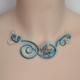 Collier mariage étoile de mer blanc et bleu turquoise COA333