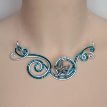 Collier mariage étoile de mer blanc et bleu turquoise COA333