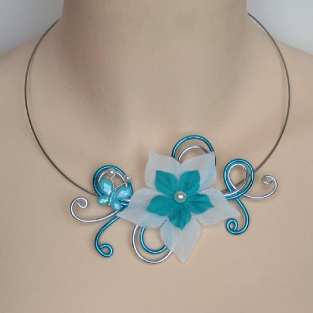 Collier mariage fleur papillon blanc turquoise argent Collier mariage fleur papillon blanc turquoise argent