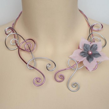 Collier mariage fleur rose gris argent COA347
