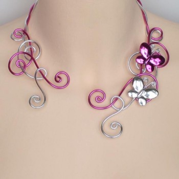 Collier mariage fuchsia et argent papillons COA330