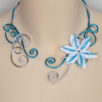 Collier mariage turquoise argent fleur plumes COA329