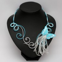 Collier mariage papillon blanc et bleu turquoise COA361