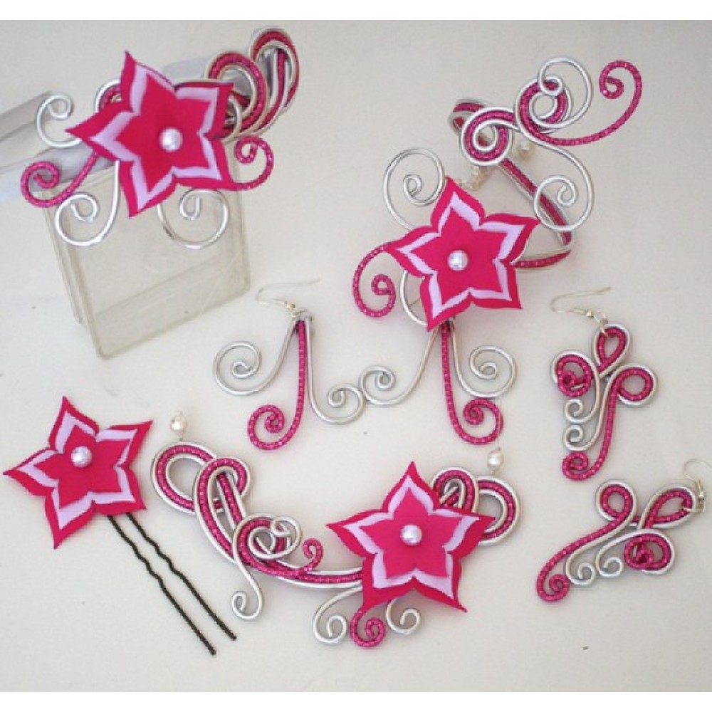 Collier mariage fleur fuchsia blanc argent 