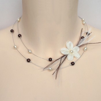 Collier mariage ivoire chocolat fleur soie et plumes CO1217A