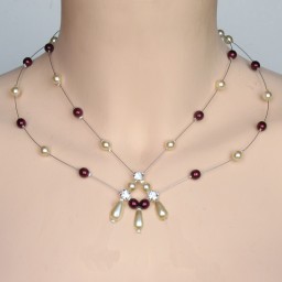 Collier mariage ivoire et bordeaux + strass CO1184A