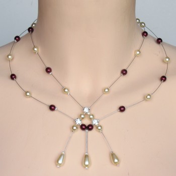 Collier mariage ivoire et bordeaux + strass CO1185AB