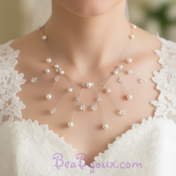 Collier mariage blanc cassé et cristal CO1215A