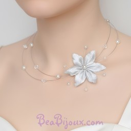 Collier mariage blanc cristal fleur argent CO1253A