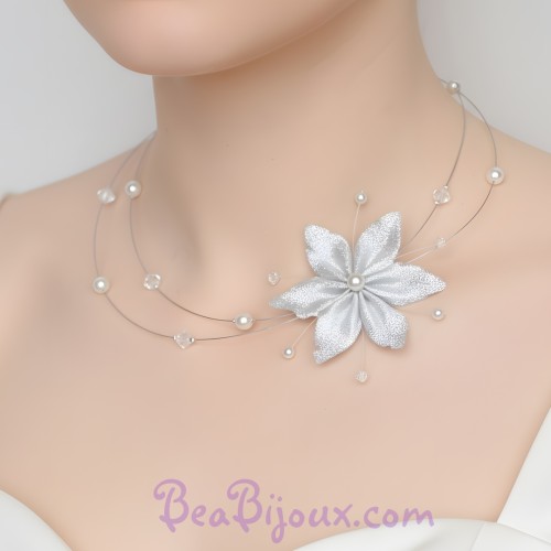 Collier mariage blanc cristal fleur argent