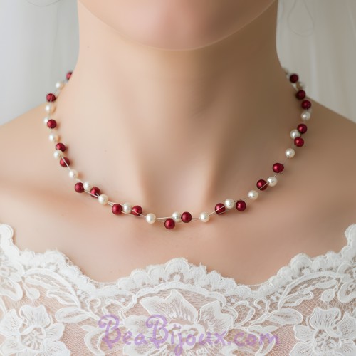 Collier mariage blanc et bordeaux