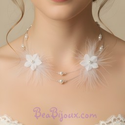 Collier mariage fleurs plumes blanc CO1242A
