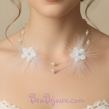 Collier mariage fleurs plumes blanc CO1242A
