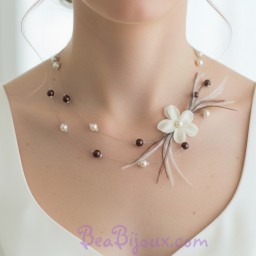 Collier mariage ivoire chocolat fleur soie et plumes CO1217A