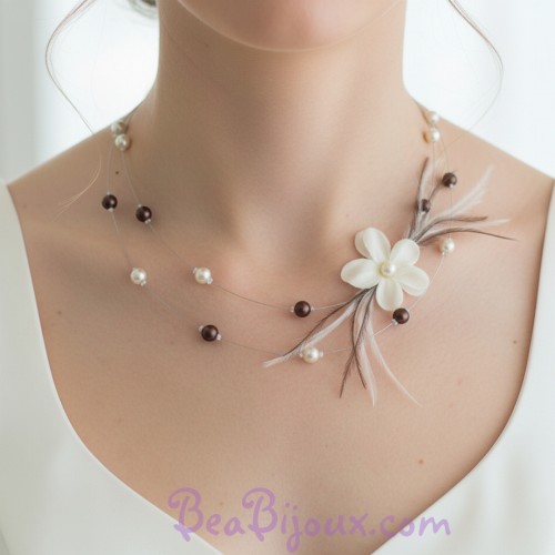 Collier mariage ivoire chocolat fleur soie et plumes