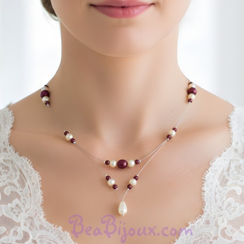 Collier mariage ivoire et bordeaux