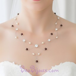 Collier mariage ivoire et chocolat + strass CO1214A