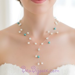 Collier mariage ivoire turquoise + strass CO1252A